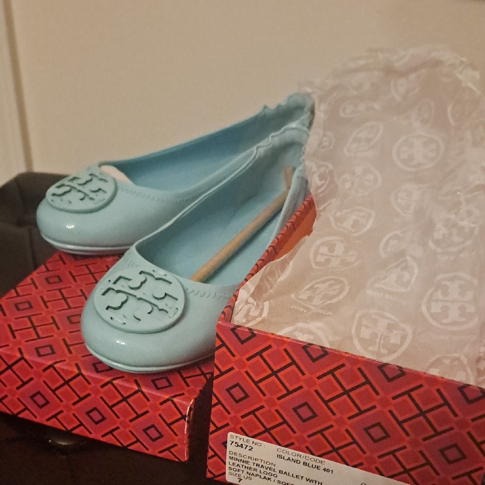 Tory Burch Blue Flats with Medallion Design